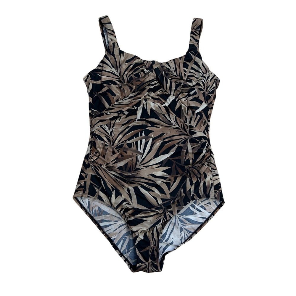 Lands End swimsuit Brown Palm Leaf One Piece 12 Strappy Back Keyhole
